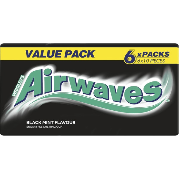 AIRWAVES Black Mint flavour Sugar Free Chewing Gum 6 x 10 Pieces