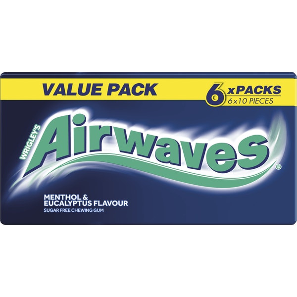 AIRWAVES Menthol & Eucalyptus flavour Sugar Free Chewing Gum Multipack 6 x 10 Pieces